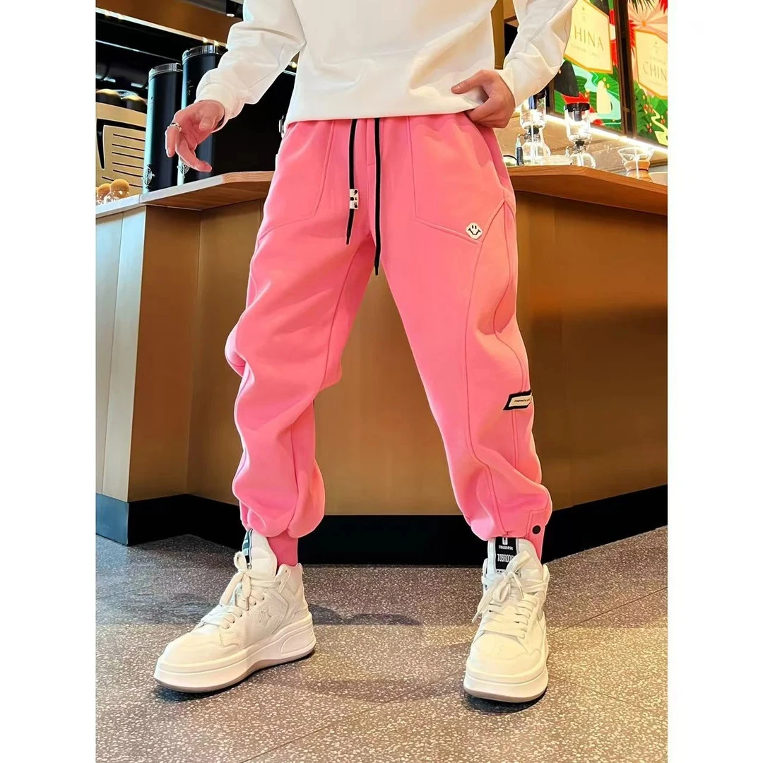 2025年立体剪裁简约加厚春秋洋气个性笑脸潮流加绒加厚男休闲裤子