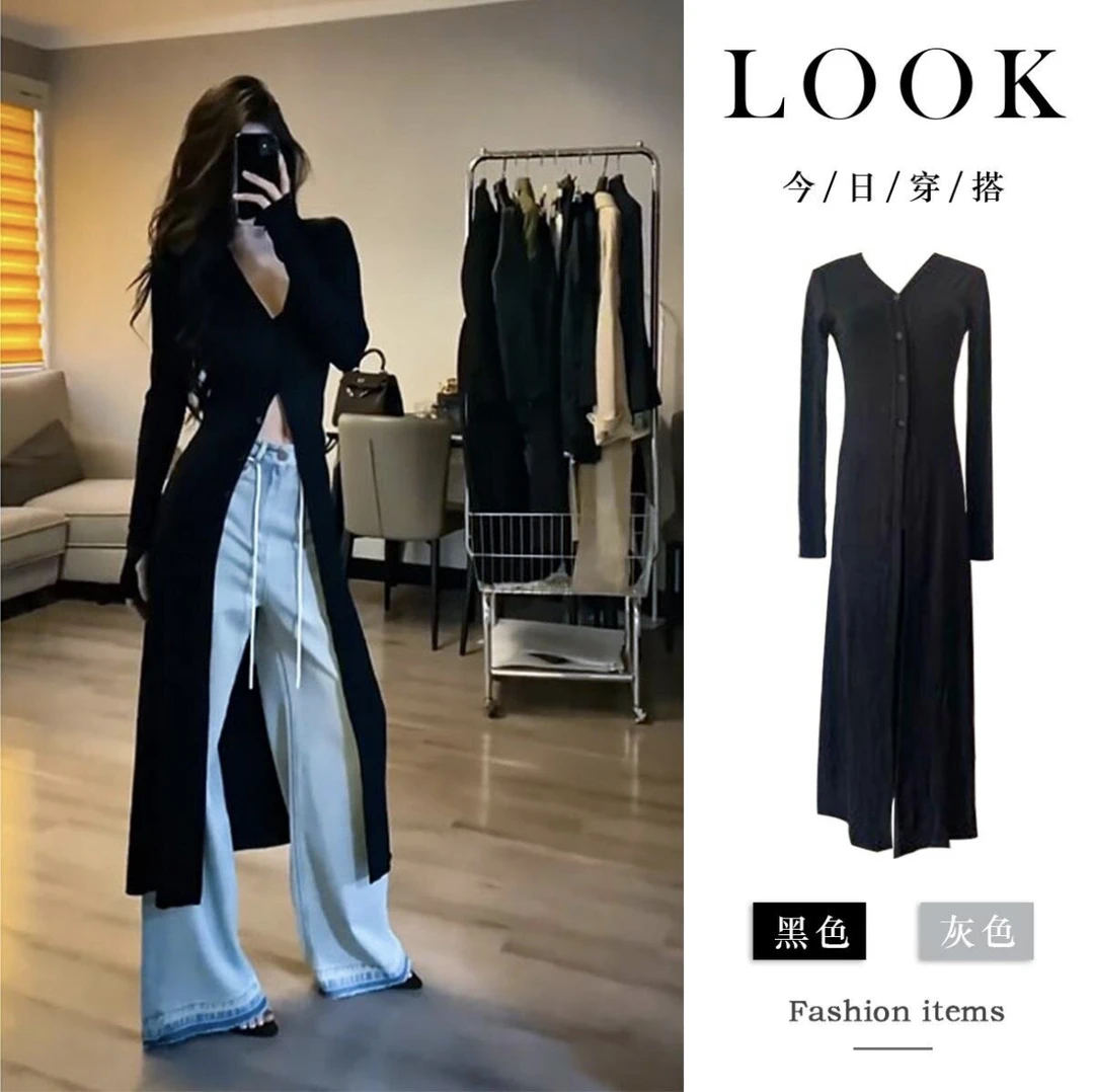 春季复古气质针织开衫2025新款高级感黑色修身V领中长款外套外搭