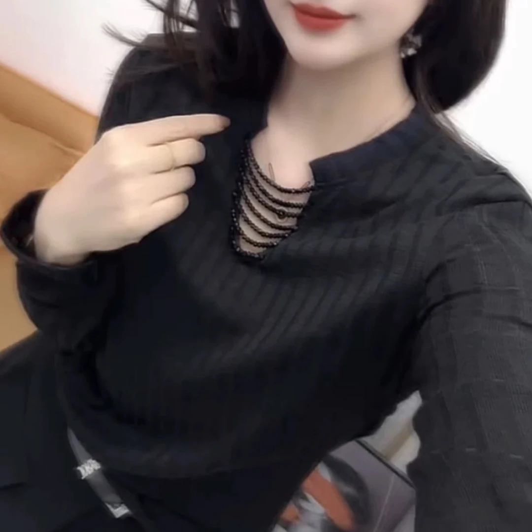 90056秋冬新款韩版宽松显瘦百搭圆领修身长袖针织衫女打底上衣T恤