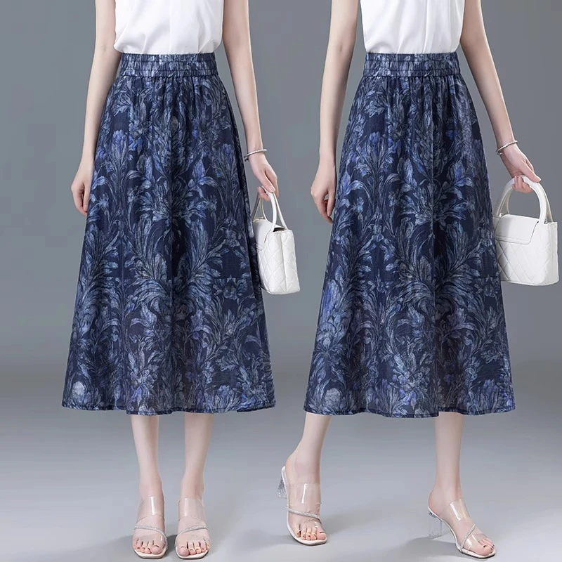 蓝色天丝亚麻印花半身裙女2025夏季新款轻薄中长款网纱大摆伞裙子