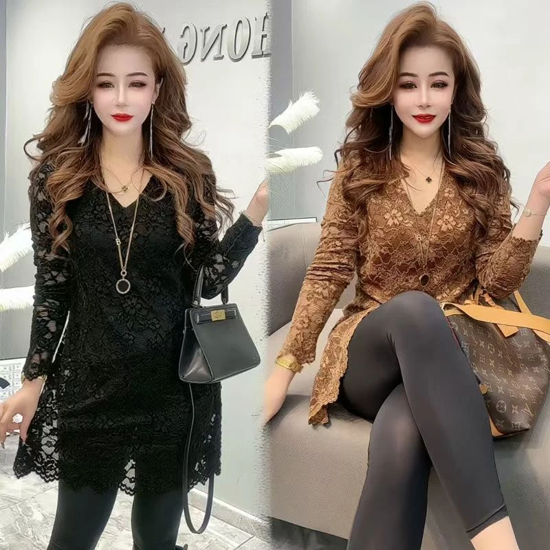 简约新款中长款上衣欧货性感镂空V领侧开叉蕾丝衫洋气显瘦打底衫