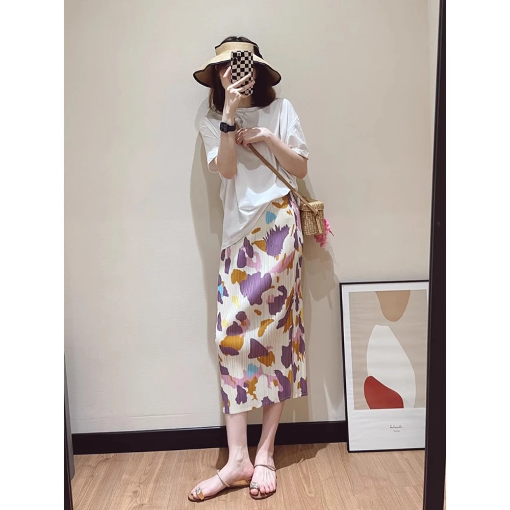 薄款褶皱半身裙2024女春夏百搭新款高腰显瘦中长裙松紧腰百褶裙