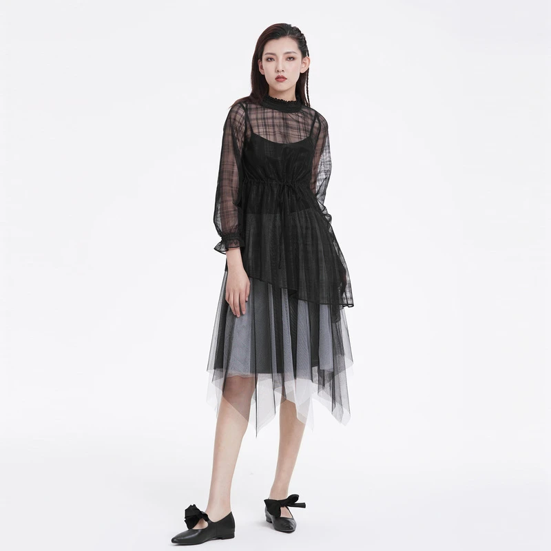 MAOKAI女装格纹网纱吊带两件连衣裙M221Z1291