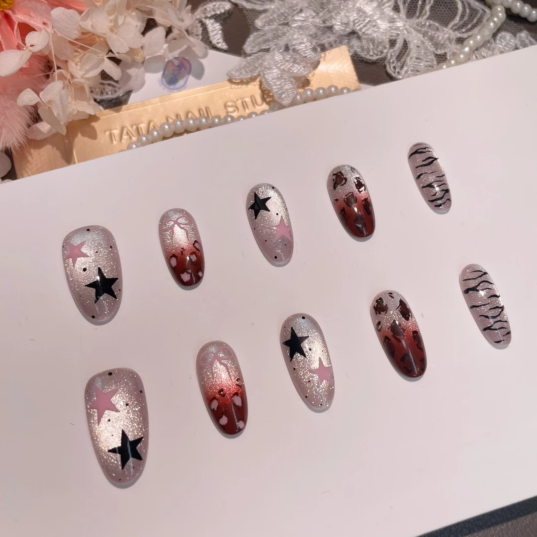 A2380『粉墨星野』甜酷个性爆闪猫眼手绘渐变豹纹五角星手工穿戴甲