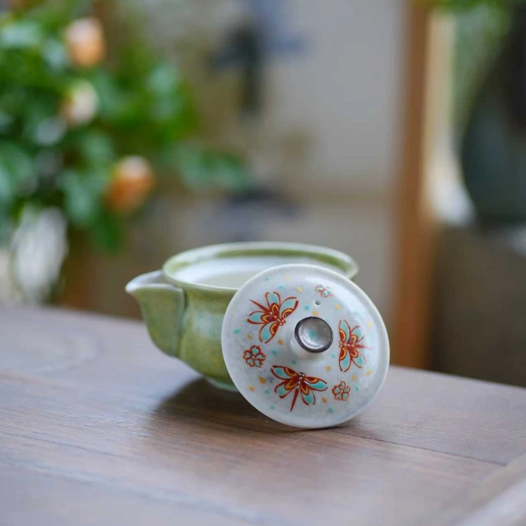 喜物专属 陶一丁手绘翠绿茶壶宝瓶志野茶道茶器