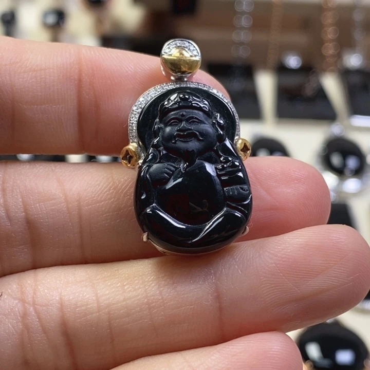 翡翠颈饰18K金镶嵌缅甸天然翡翠墨翠