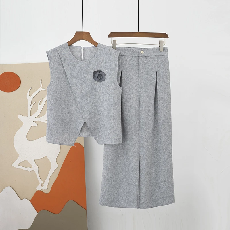 【送胸花】老钱风“棉麻一整套”重磅麻料肌理廓形马夹阔腿裤套装3013