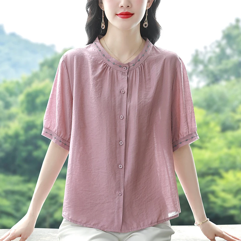 高端棉麻刺绣衬衫女短袖夏季装新款妈妈透气舒适小衫大码宽松上衣