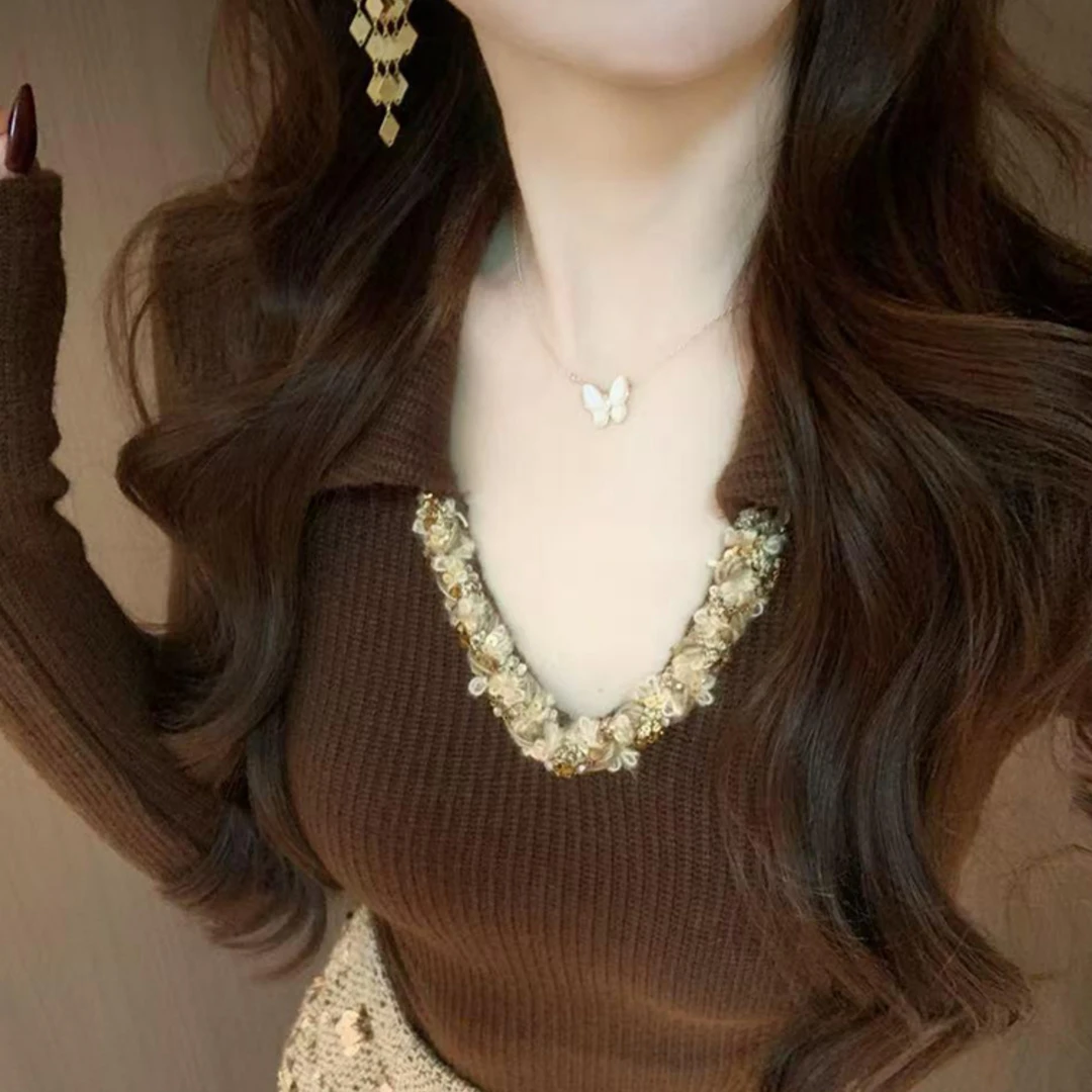 大码小香风V领针织衫女胖MM秋季款时尚洋气内搭修身打底长袖上衣