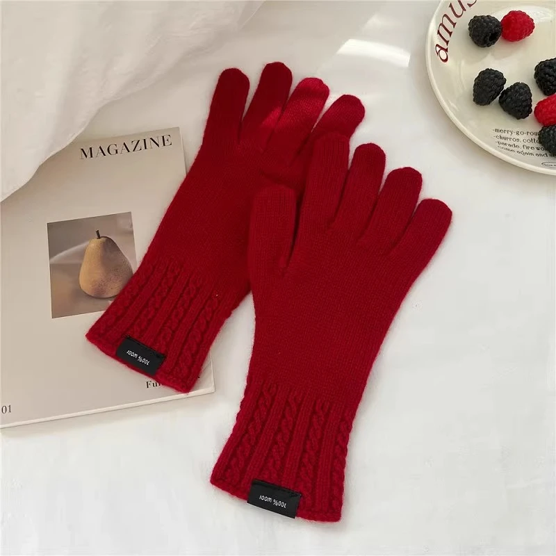 《精选100%澳洲羊毛》纯羊毛针织手套女冬季复古红色分指防寒保暖