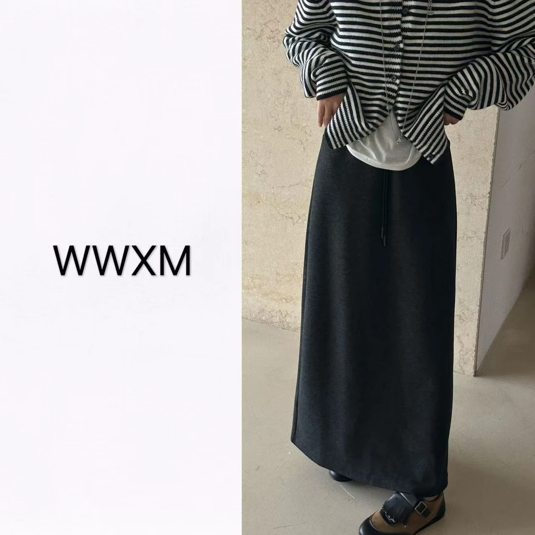 【汪肖肖WMXX】常规款直筒裙中长裙高腰半身裙复古开叉半身裙8601