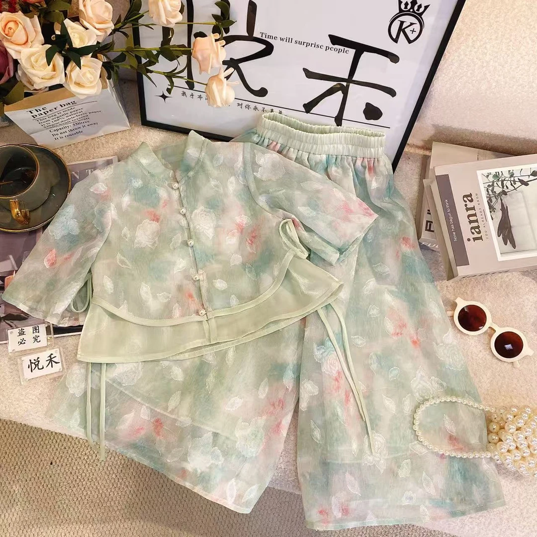 T.2女童夏季新中式小飞袖飘逸女宝套装甜美公主阔腿裤套装8819