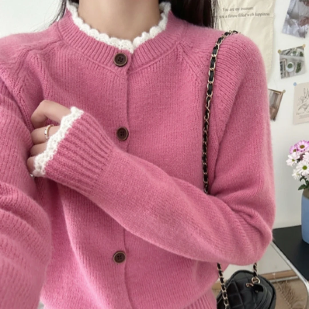 春季新款针织开衫女宽松花边洋气纽扣毛衣女外套外穿显瘦上衣