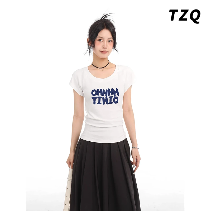 白色印花正肩短袖t恤女夏季设计感修身收腰短款上衣潮TZQ2542302