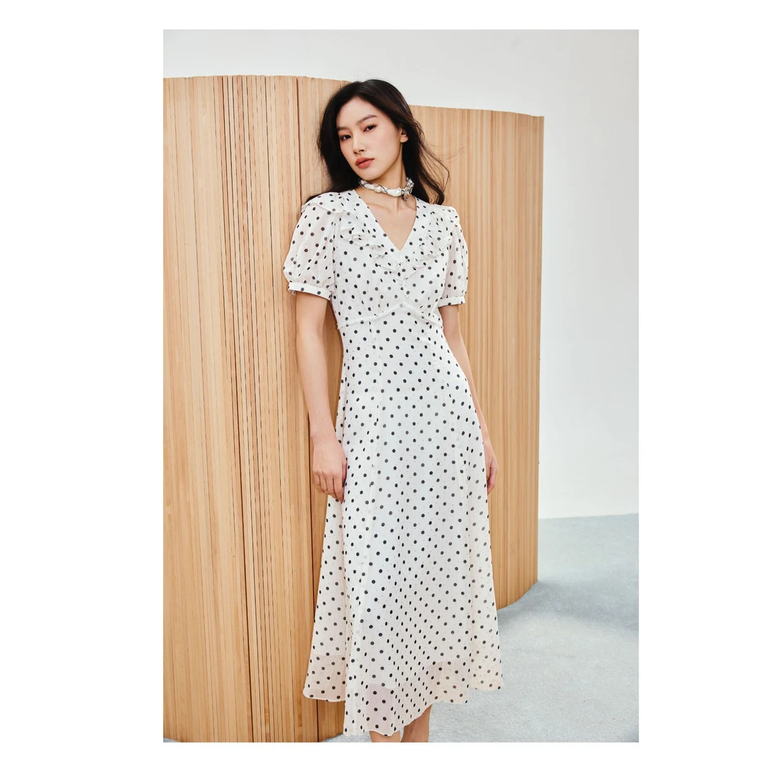 MAXRIENY2025年春夏新款赫本风波点雪纺连衣裙显瘦高级中长款法式