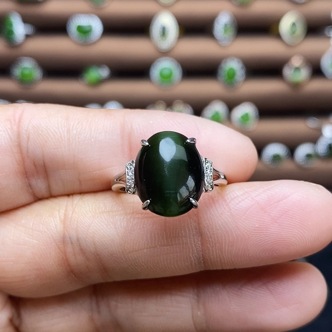 吊坠(不含链)银S925镶嵌和田玉（碧玉）戒指