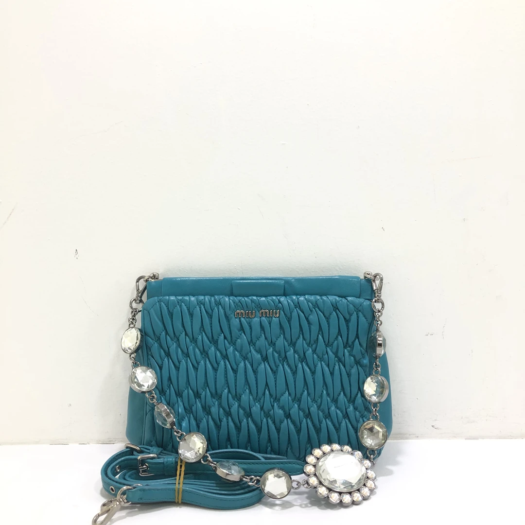 95新 MIU MIU/缪缪 全皮孔雀蓝褶皱单肩斜挎包