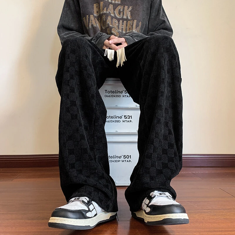 棋盘格裤子男士2025春秋爆款美式高街宽松直筒裤大码阔腿休闲长裤
