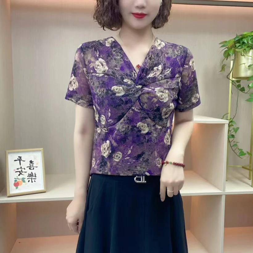 爆款2025夏装女人味气质时尚V领扭结玫瑰花百搭中老年妈妈装s09