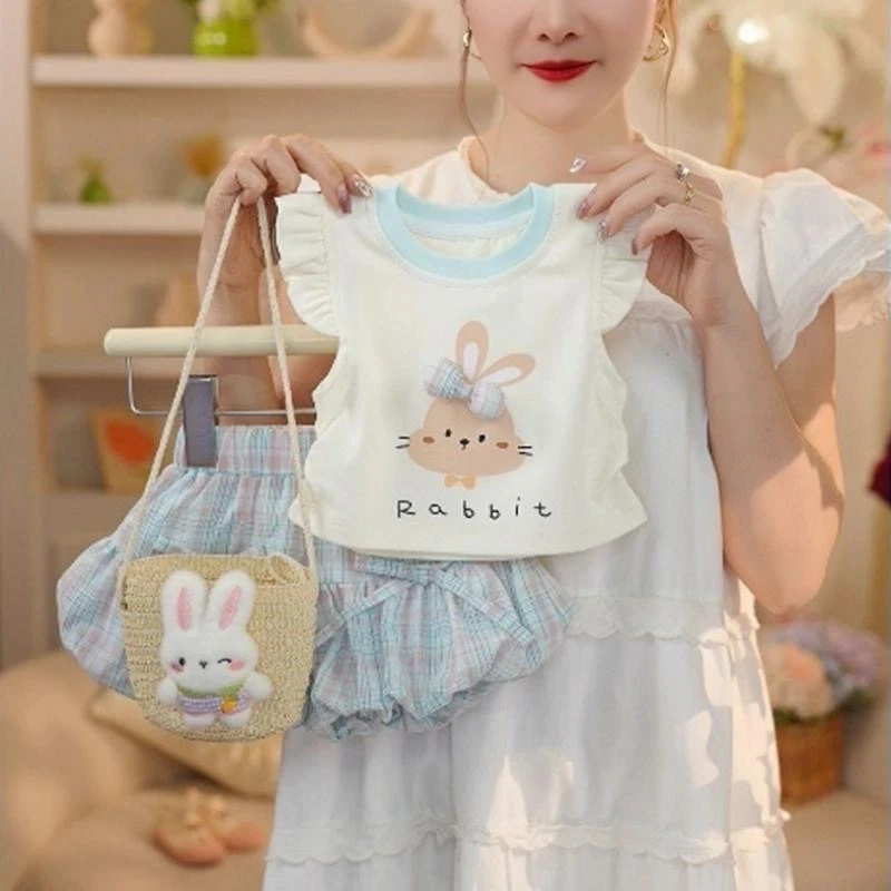 52337夏季新款女小童可爱立体蝴蝶结小兔子飞袖裙裤套装时尚简约