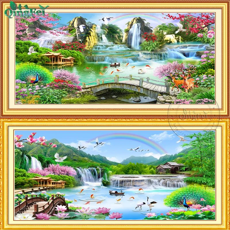 青飞精准印布流水生财廊桥遗梦十字绣聚宝瀑布彩虹山水挂画越南