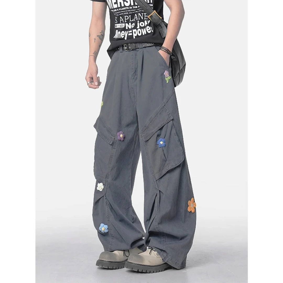 复古设计感弯刀工装裤男cleanfit美式潮牌宽松小众花蕊刺绣休闲裤