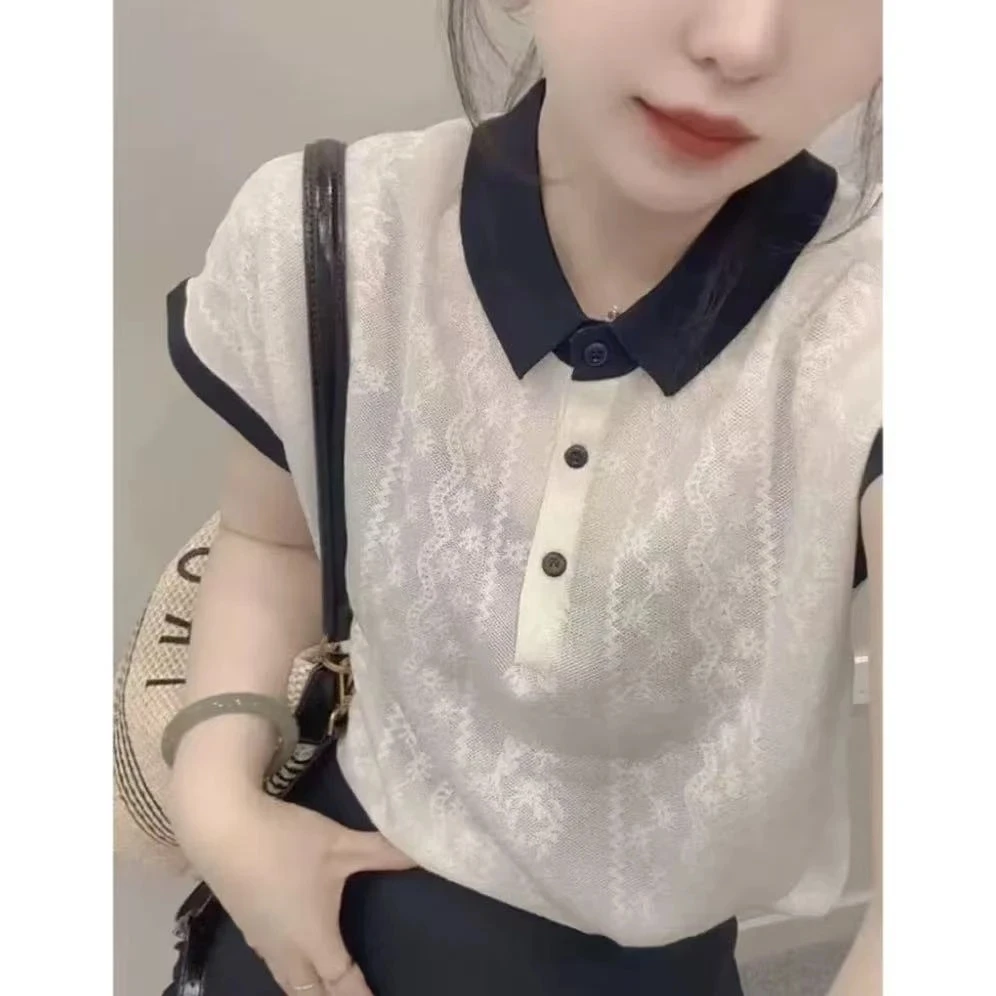 白月光短袖气质针织时尚百搭洋气薄款翻领上衣