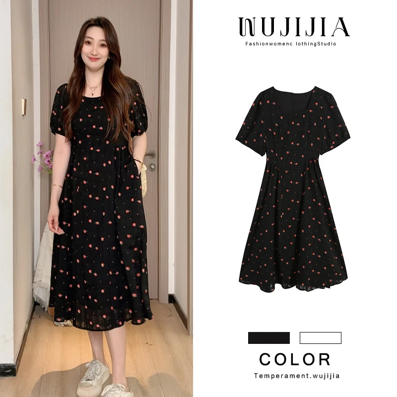 五季家【玫瑰花园】大码女装夏季显瘦气质时尚黑色连衣裙ZL107997