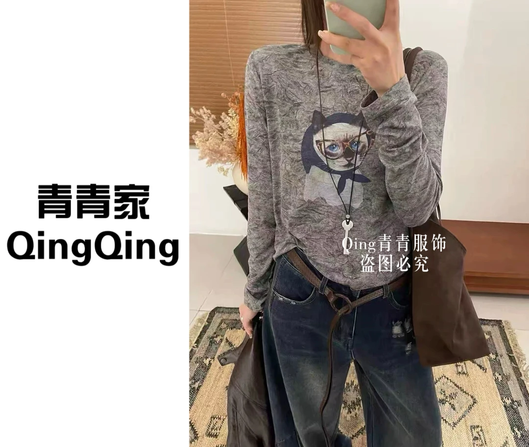 青青家  秋季新款十四行显瘦猫咪印花显瘦休闲T恤-9912