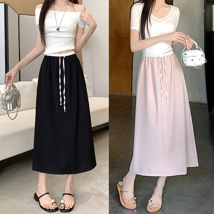 8121-夏季女装显瘦微胖大码高腰气质半身裙开叉