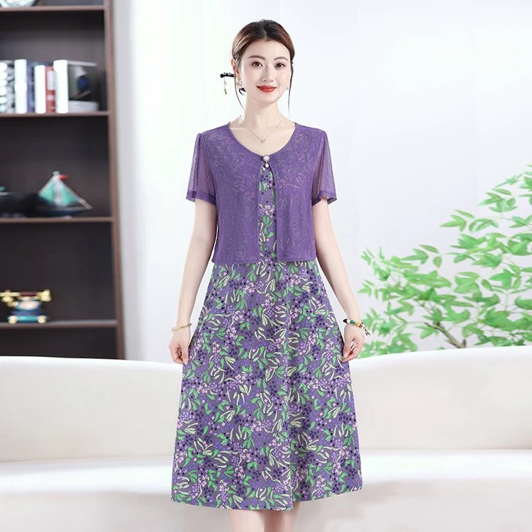 妈妈装夏装假两件连衣裙2025新款洋气中老年女装气质新中式裙子