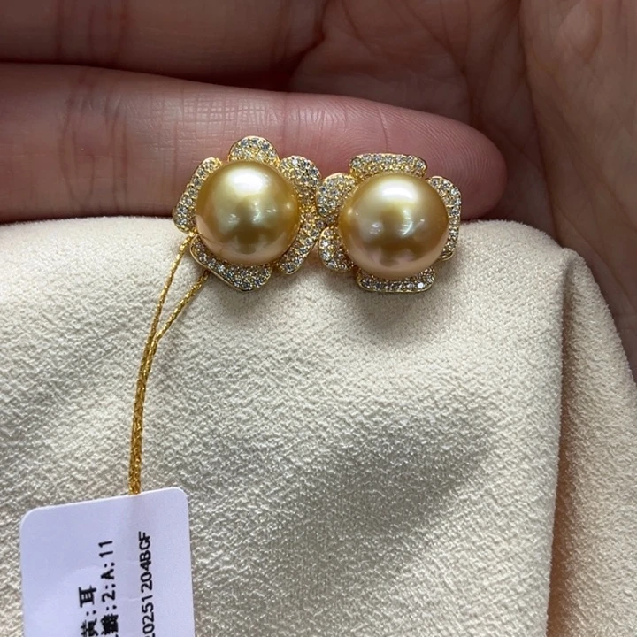 银S925镶嵌耳饰海水珍珠金珠11-12m 44号