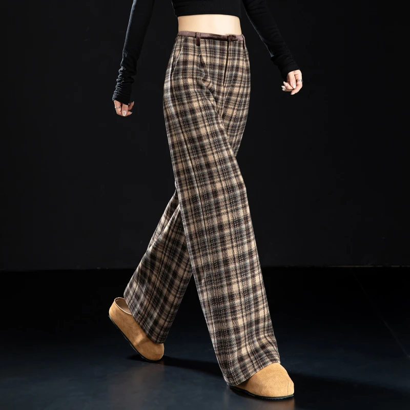 复古格子阔腿裤女2025新款秋冬加绒毛呢裤宽松直筒咖色裤子休闲裤