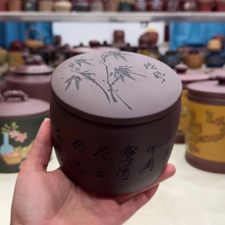 紫砂茶叶罐直筒刻竹四两