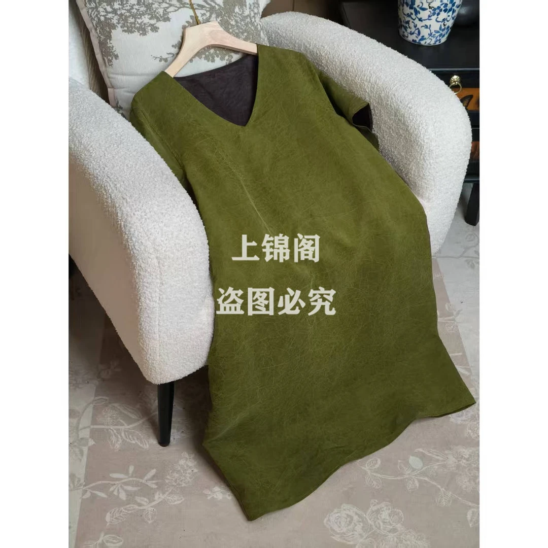 181新中式V领正肩短袖绿龟连衣裙香云纱龟裂纹彩龟时尚百搭-100