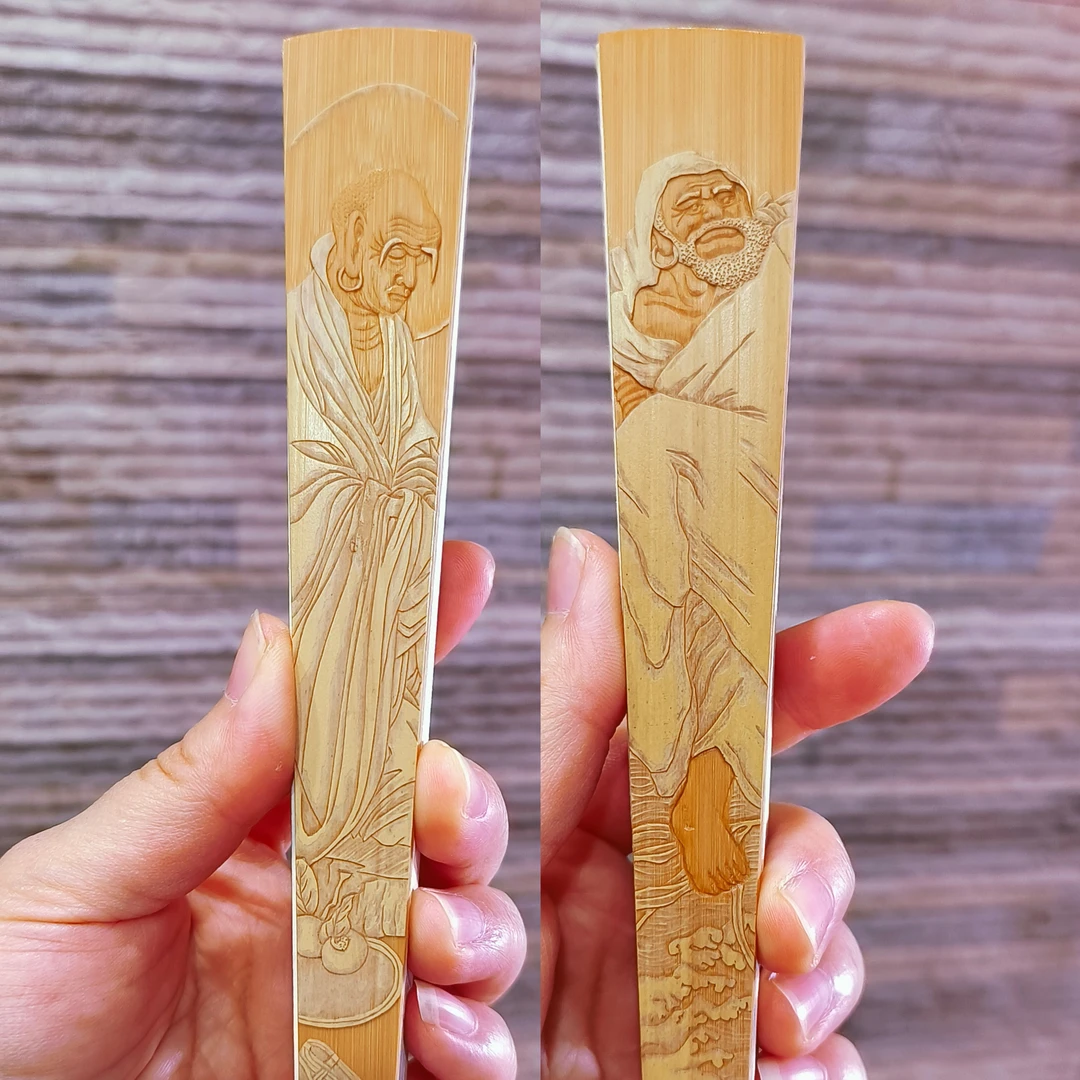 吉木堂名家方明义玉竹折扇10寸16方3.0排口留青人物达摩一苇渡江