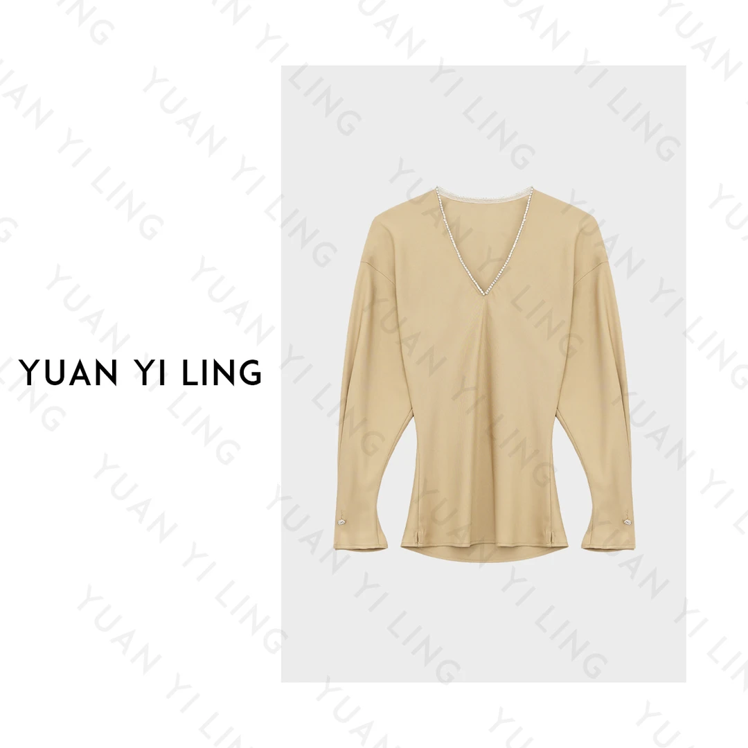 袁艺灵【南法】设计 纯色时尚风小众收腰显瘦V领T恤春设计113