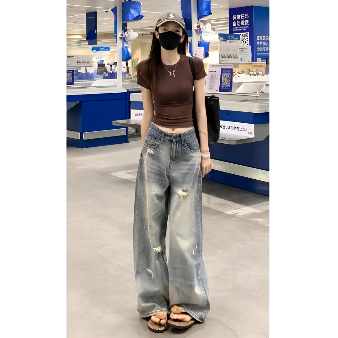 美式破洞阔腿牛仔裤女夏季新款显瘦高个子宽松高腰直筒百搭拖地裤