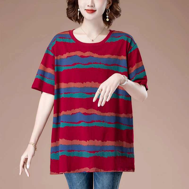 夏季新款大码条纹洋气短袖T恤圆领显瘦中长款洋气时尚宽松老钱风