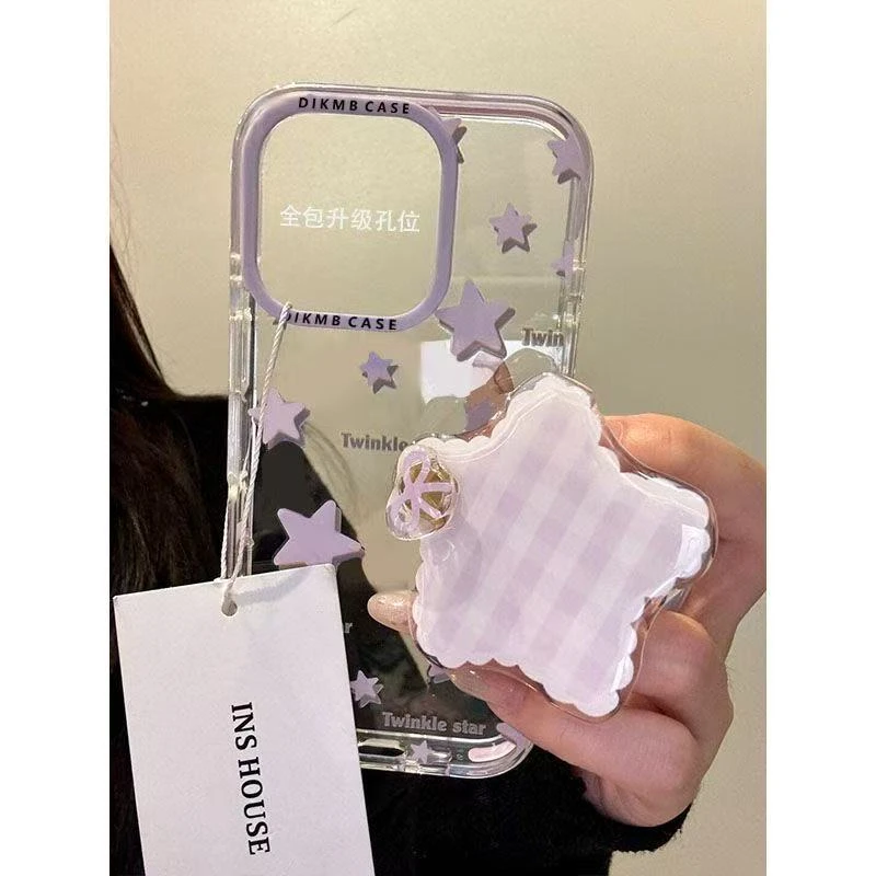 紫色格纹星星支架适用iphone16Promax手机壳华为P70vivo小米透明