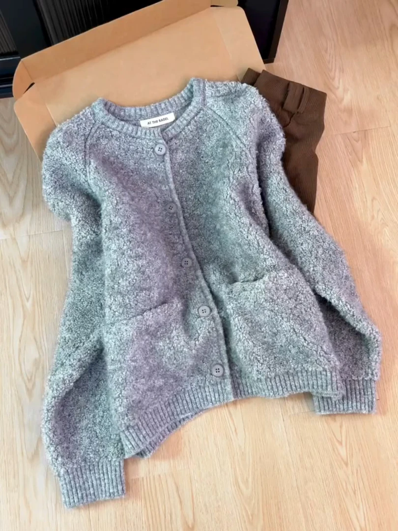 高级感灰色韩系针织开衫女2025秋冬新款宽松显瘦软糯毛衣外套上衣