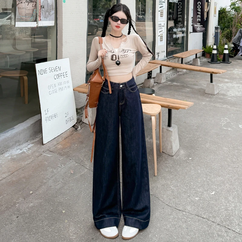早秋新款美式深蓝色阔腿牛仔裤女高腰辣妹宽松慵懒垂感休闲拖地直