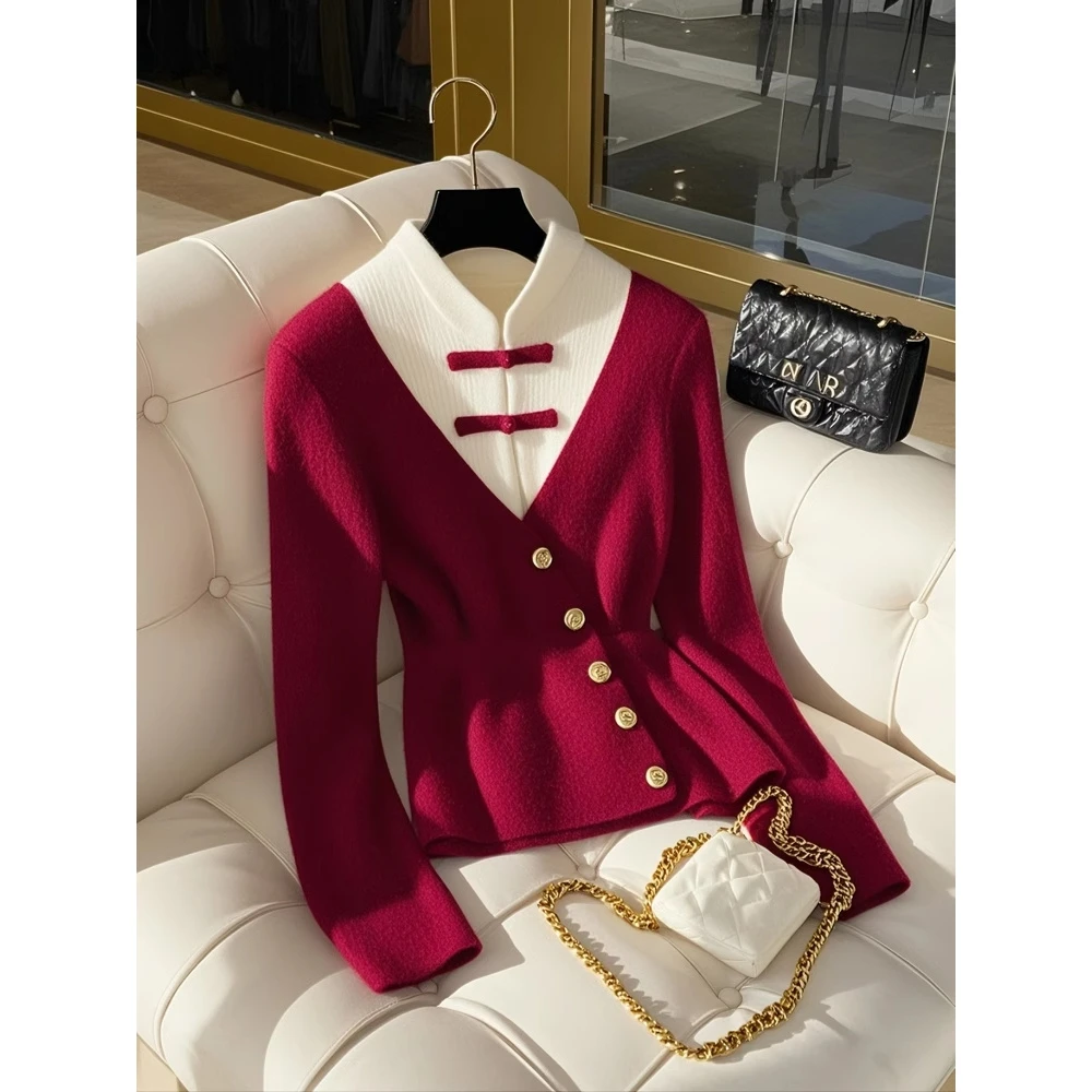 新中式盘扣假两件针织毛衣女2025新年红国风复古本命年气质上衣服