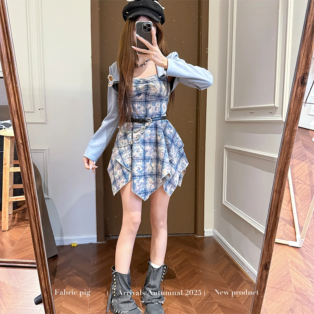 雾霭蓝调 织物猪原创 设计感女装出游蓝色吊带连衣裙女不规则裙子
