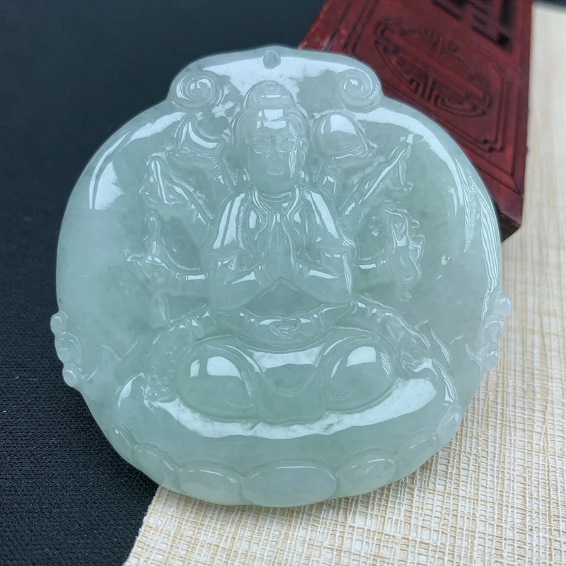 缅甸纯天然翡翠A货飘花千手观音菩萨鼠12生肖守护神吊坠精雕送礼