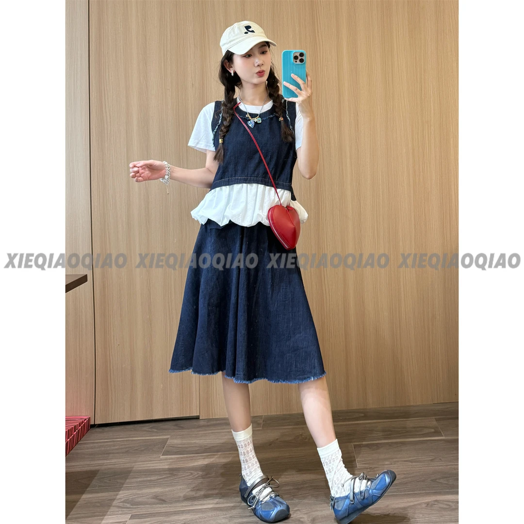 谢荞荞「悉尼遨游」夏季新款下摆拼接设计背心+高腰半身长裙两件套