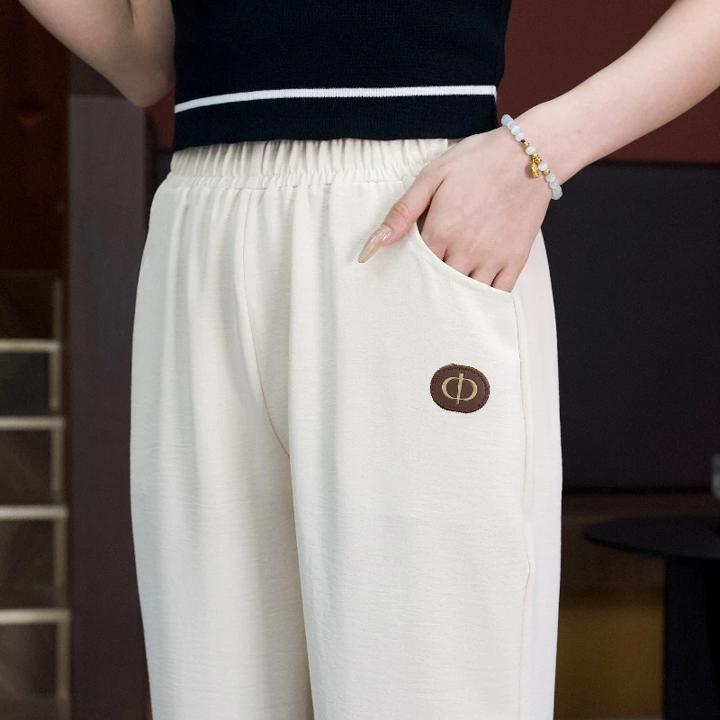 2025夏季冰丝皱高腰显瘦百搭休闲裤薄款宽松九分女小脚哈伦裤子