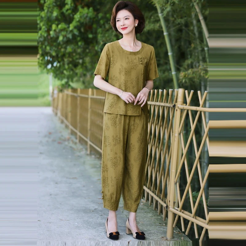 妈妈装洋气中年夏季棉绸套装短袖T恤九分裤两件套大码女装薄款