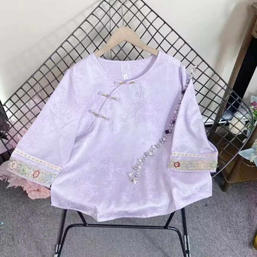 2289国潮中式复古圆领刺绣亮片七分袖打底衫T恤小衫卿