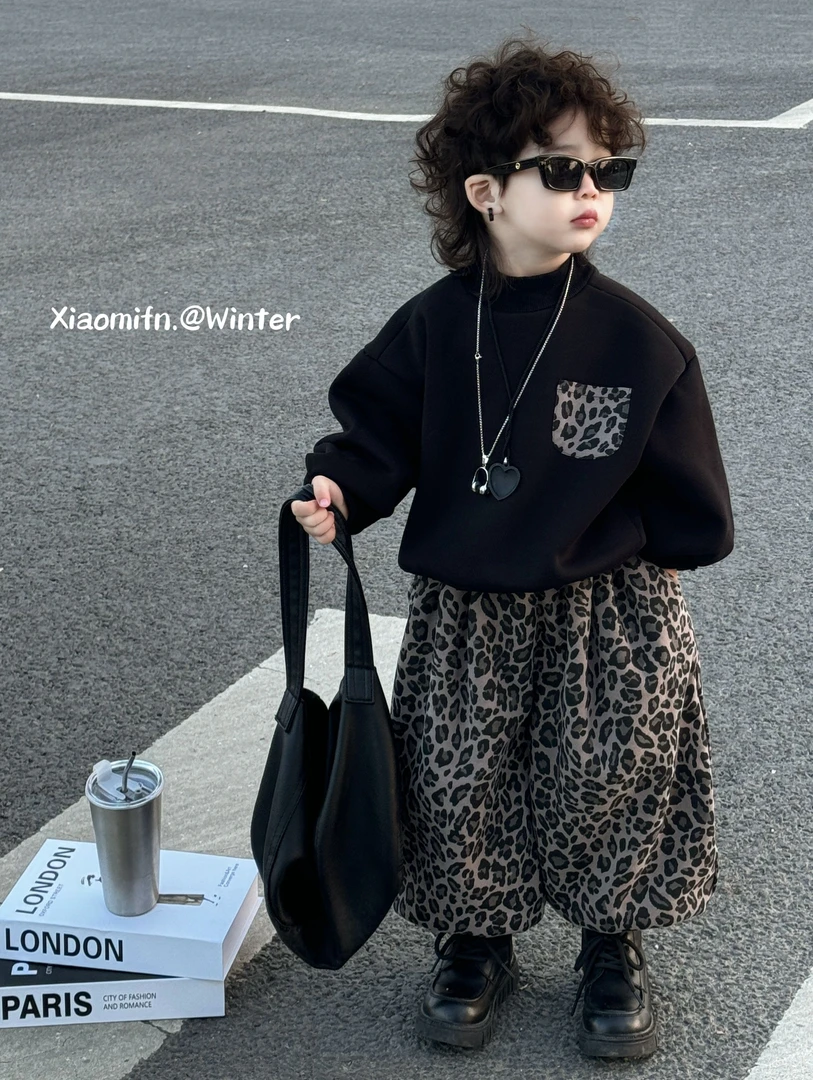 现货〃复古豹点上衣韩版男童2024秋冬款洋气卫衣加绒洋气童装Q950